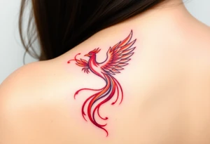 Phoenix rising from the ashes with the colors red, pink, orange and purple. Size 3 cm wide and 5 cm high tattoo idea