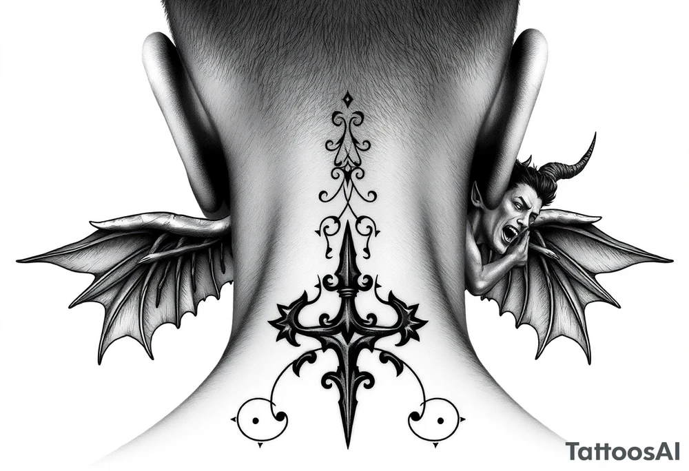 position behind the neck Angel (on the right) whispering in the right ear, demon (on the left) whispering in the left ear tattoo idea