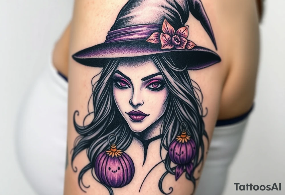 A witches portrait with purple accents and halloween ornaments tattoo idea