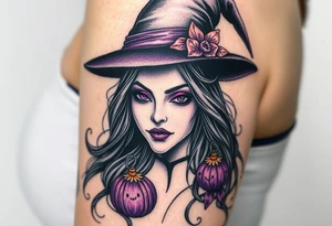 A witches portrait with purple accents and halloween ornaments tattoo idea