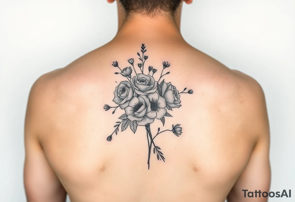 vintage bouquet of wild roses and meadow flowers with morning dew tattoo idea