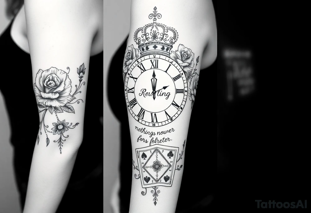 Roman clock with roses and a crown,  a quote that says nothings forever. and on the bottom a deck of cards tattoo idea