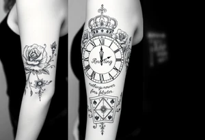Roman clock with roses and a crown,  a quote that says nothings forever. and on the bottom a deck of cards tattoo idea