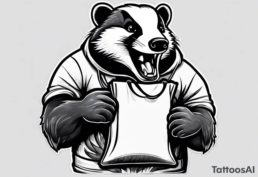 Angry badger with mouth open holding bag of chips tattoo idea