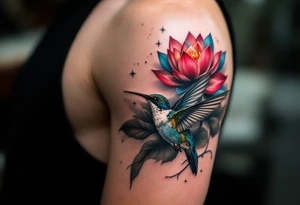 A Hummingbird Drinking from a Lotus Flower (only red, blue and black are possible colors) tattoo idea