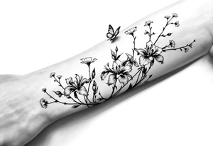 on forearm with Irises flowers, cherry blossom and a little butterfly tattoo idea