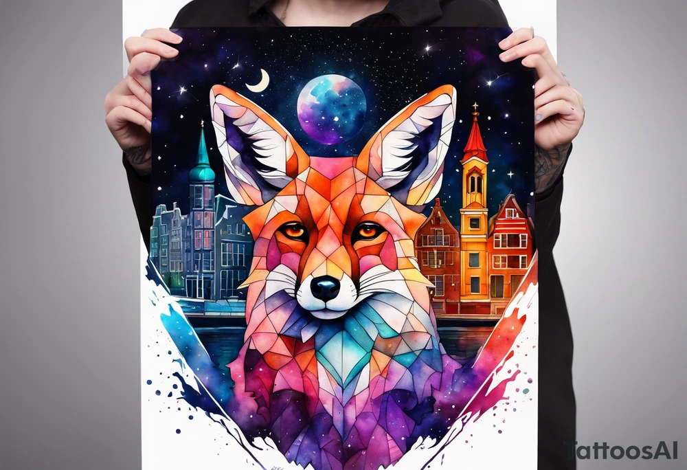 Animals, birds, stag, fox, watercolour of animals made from glass in Amsterdam featuring Amsterdam buildings and Amsterdam canal in galaxy colours featuring pineapples as space colours tattoo idea