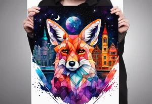 Animals, birds, stag, fox, watercolour of animals made from glass in Amsterdam featuring Amsterdam buildings and Amsterdam canal in galaxy colours featuring pineapples as space colours tattoo idea