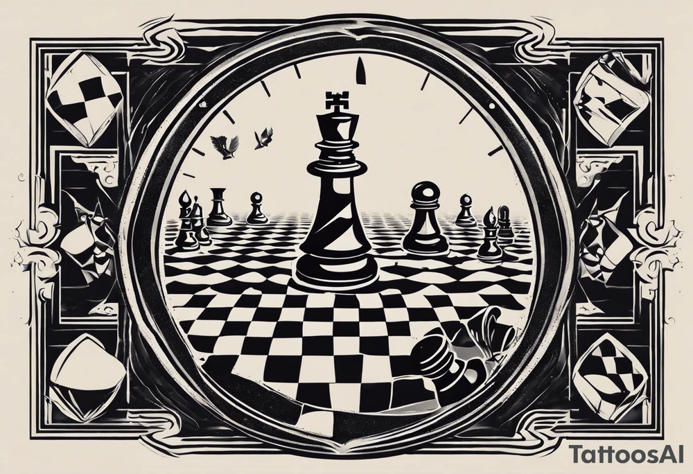 A black-and-white tattoo featuring a chessboard with scattered chess pieces, symbolizing strategy and the unpredictability of life. In the background, an hourglass with sand halfway through represents the passage of time. The chessboard is slightly distorted to give a surreal, maze-like effect. The design uses bold lines and shading to create contrast, with no extra colors, staying true to the black-and-white theme tattoo idea