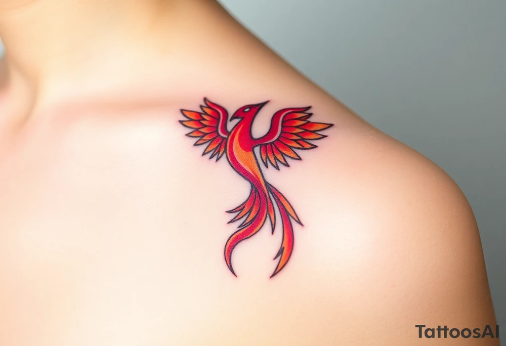 Square, phoenix rising from fire with both wings opened, colors red, pink, orange and purple. tattoo idea