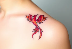 Square, phoenix rising from fire with both wings opened, colors red, pink, orange and purple. tattoo idea