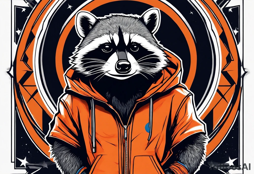 Raccoon wearing an orange Superman hoodie tattoo idea
