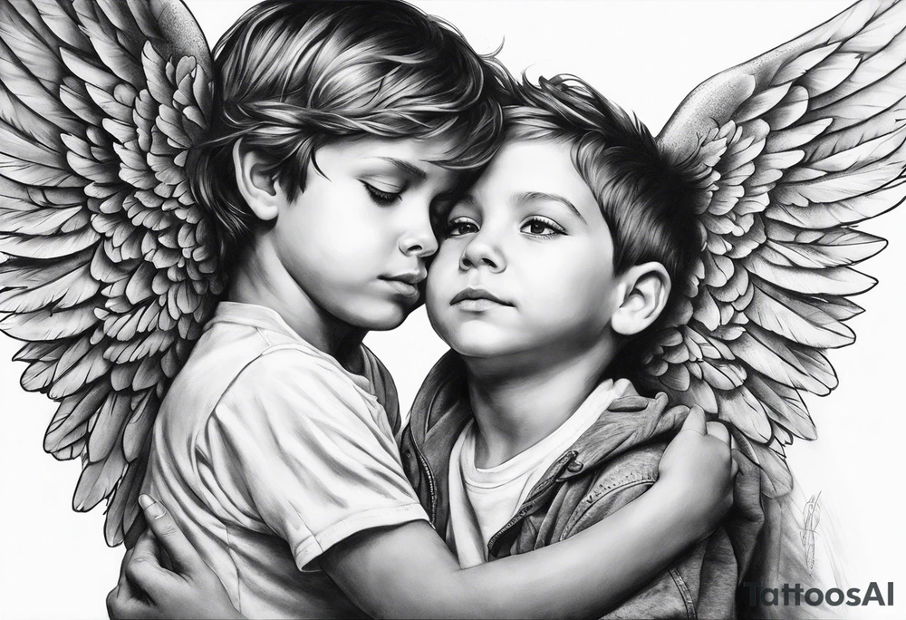 An Angel covering a boy with her wings for shelter tattoo idea