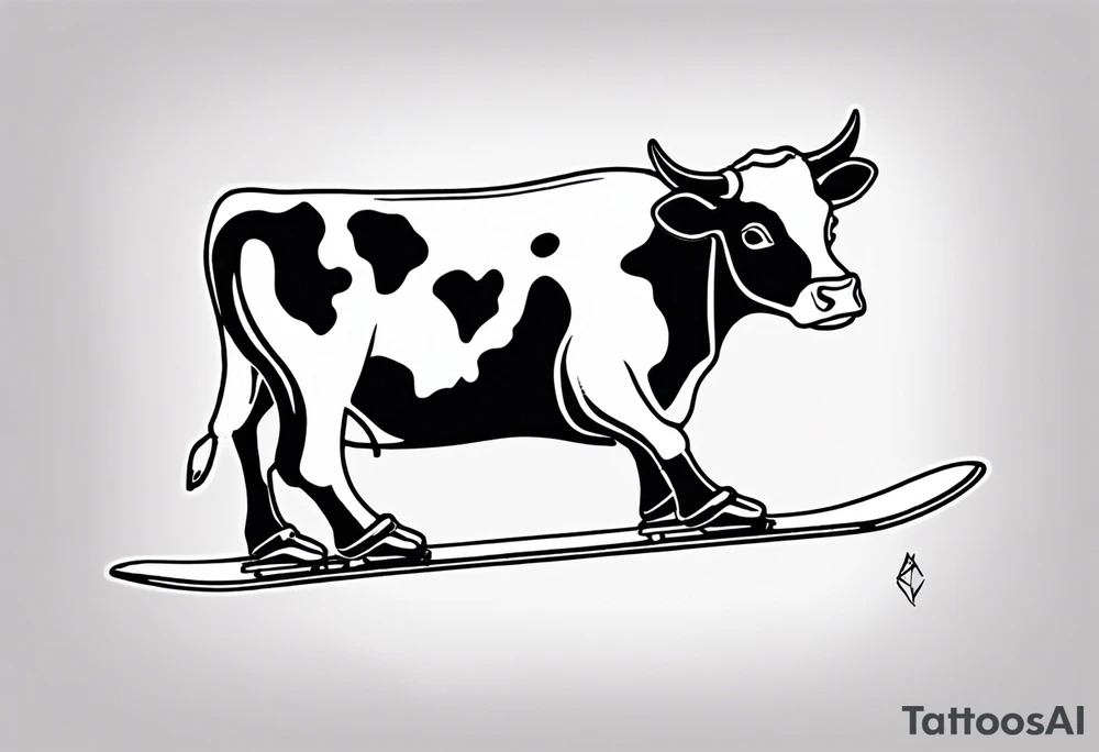Generate a minimalist and simple black and white tattoo design featuring a joyful cow snowboarding, wearing goggles. Focus on essential lines and details to convey the playful spirit of the scene. The cow should exude confidence while effortlessly snowboarding down a snowy slope. Keep the design clean and uncluttered, suitable for a small to medium-sized tattoo space. Emphasize the charm and whimsy with the addition of goggles, ensuring the overall aesthetic remains simple and minimalistic. The goal is to create a visually appealing and easily recognizable tattoo that captures the essence of a cow enjoying a snowboarding adventure tattoo idea