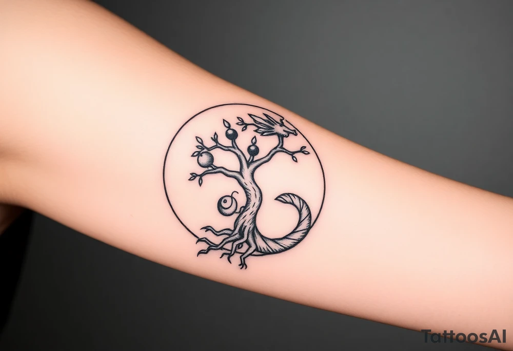 a dragon forming a circle with its body.  the dragon encircles the tree of life.   the tree of life has fruit  and the dragon is eating the fruit. the roots of the tree are strangling the tail of the dragon tattoo idea