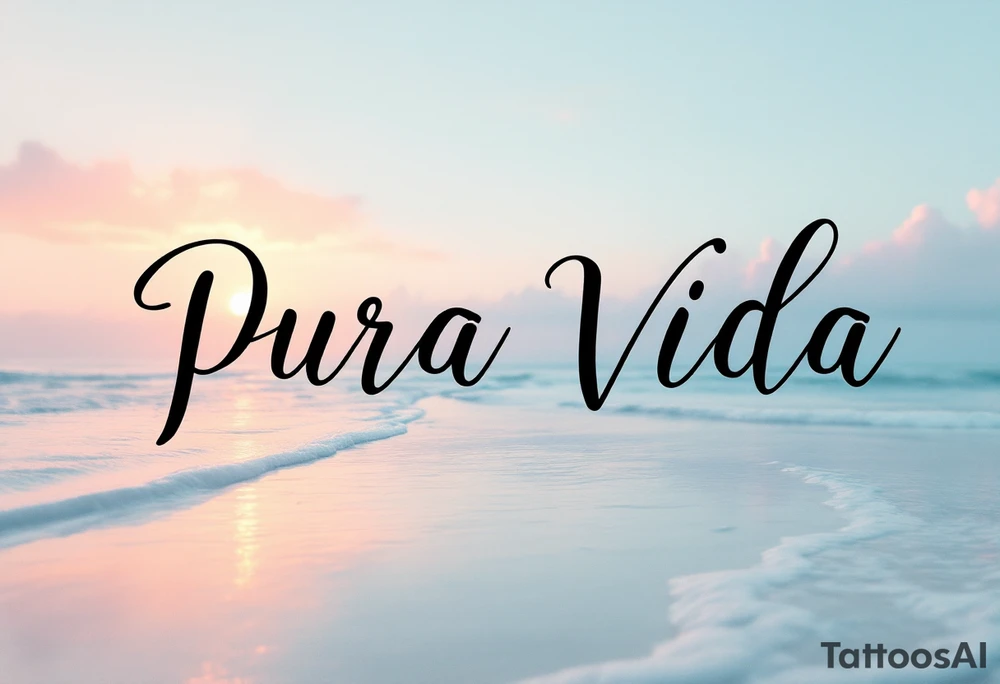 Elegant black “Pura Vida” with a faded pastel beach sunset in the background—peach, lilac, and baby blue. tattoo idea