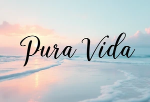 Elegant black “Pura Vida” with a faded pastel beach sunset in the background—peach, lilac, and baby blue. tattoo idea