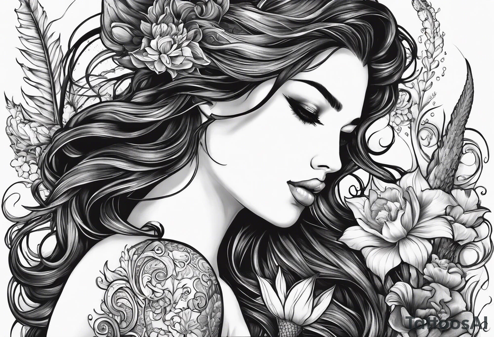 Mermaid face and half body looking at seahorse both on side profile. Trident near hair, horns coming from head. Flowers and reeds, tattoos on skin, big lips and eyes tattoo idea