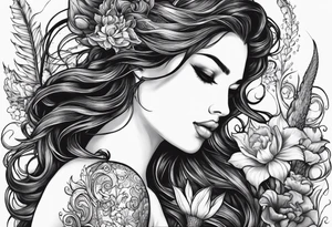 Mermaid face and half body looking at seahorse both on side profile. Trident near hair, horns coming from head. Flowers and reeds, tattoos on skin, big lips and eyes tattoo idea