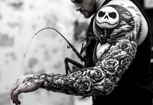 jack skellington fishing, smoking a blunt, sitting on moon , clouds, boats, pine trees, roses tattoo idea