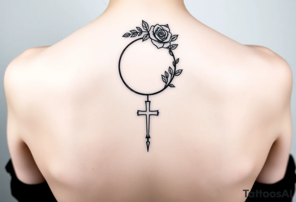 Tattoo with Lilith  symbol  (half moon with cross beneath) a loose knot and a rose around the top half of the half moon tattoo idea