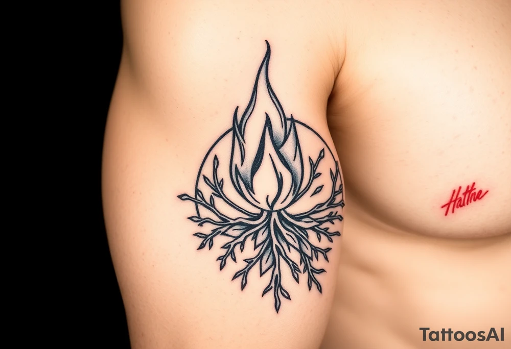 flame in a blooming roots circle tattoo idea