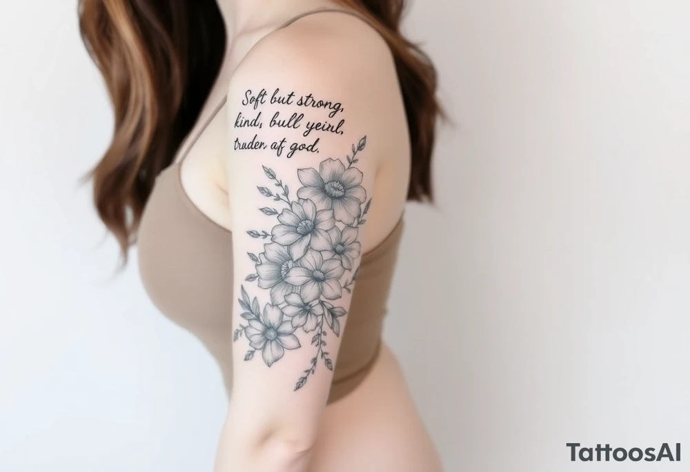 🌿 Right Arm Sleeve
	•	Top shoulder: “Soft but strong, kind but powerful.”
→ Wrapped with light olive vines
	•	Mid-arm: Peonies, lilies, tulips (your favorites)
→ Optional red ink in petal accents
	•	Lower arm/wrist: Vine wrap
→ Script: “Trust God”
	•	Style: Light, flowing, fine-line — NOT bold or filled-in

⸻

🌸 Spine Tattoo & Flow
	•	Already present floral spine tattoo
	•	New elements will connect from your sleeve, flow down from the right shoulder, lightly wrapping into your back
	•	Inspired by the reference with floral script diagonally across the spine
	•	Optional soft red ink details to enhance movement

⸻

🍑 Left Thigh + Butt
	•	Quote: “A garden of her own”
→ Placed on side of butt, flowing from lower back
	•	Floral extension down the thigh — tulips/peonies
	•	Minimal, romantic, fine-line tattoo idea
