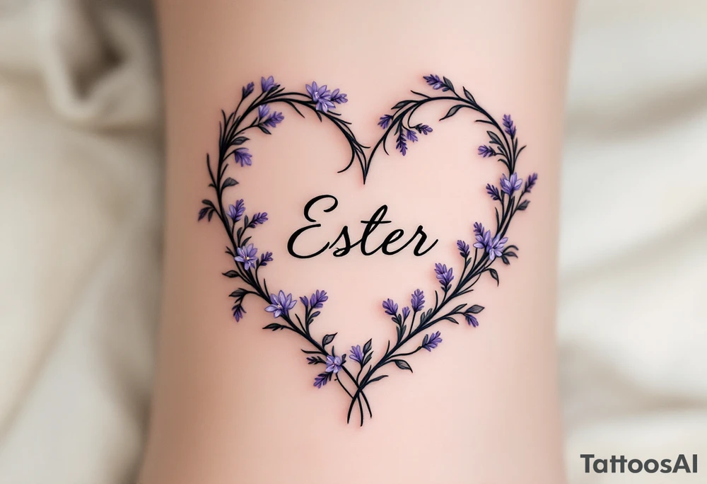 A heart formed by intertwining vine leaves, with the name "Ester" delicately inscribed in the center, and small lavender flowers in a soft purple color. tattoo idea