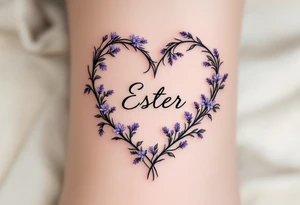 A heart formed by intertwining vine leaves, with the name "Ester" delicately inscribed in the center, and small lavender flowers in a soft purple color. tattoo idea