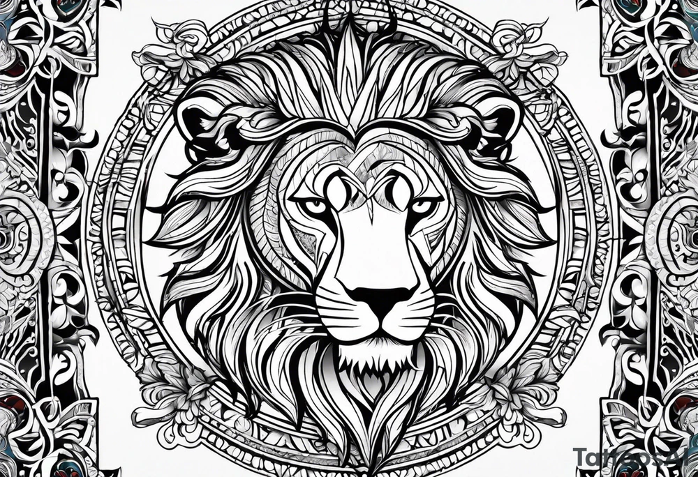 arm sleeve. for a man. tribal tattoo style, symmetric, white background. Include a realistic lion tattoo idea