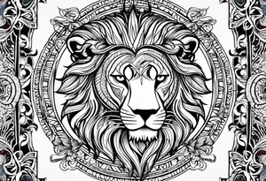arm sleeve. for a man. tribal tattoo style, symmetric, white background. Include a realistic lion tattoo idea