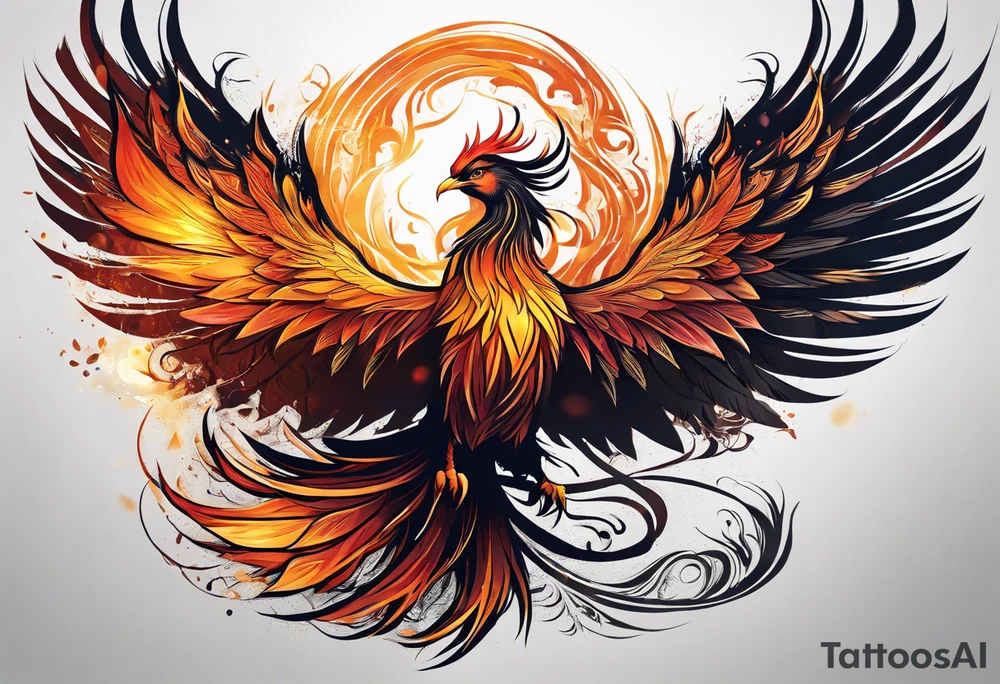 A majestic phoenix, rising powerfully with its wings spread wide and feathers flowing, representing rebirth and resilience. The phoenix is detailed with intricate feathers, creating a sense of movement and vitality. The design is bold, with deep shading and texture that adds dimension and intensity to its form. tattoo idea