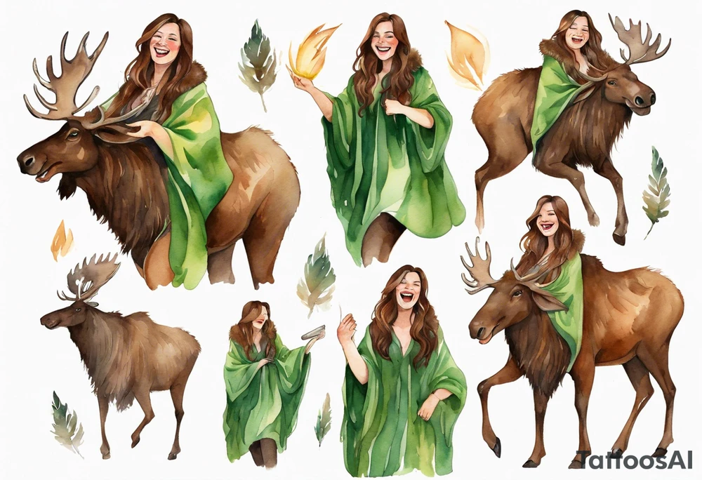 a watercolor of a curvy woman with long brown hair and brown skin and green eyes wearing a fur cloak laughing riding a moose tattoo idea
