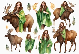 a watercolor of a curvy woman with long brown hair and brown skin and green eyes wearing a fur cloak laughing riding a moose tattoo idea