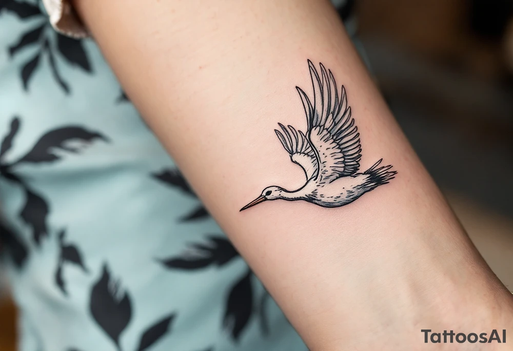 A stork in flight with a blue or pink bundle symbolizes birth and a mother’s journey beginning. tattoo idea