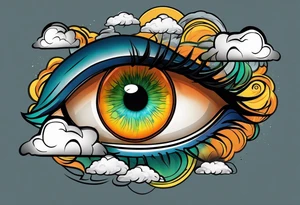 simple eyeball with a blue/green iris on top of dark stormy clouds with orange/yellow lightning coming from the clouds tattoo idea