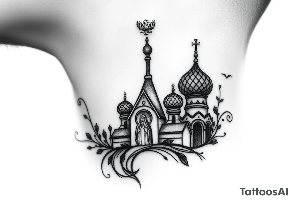 Flowing Scene

A onion domes orthodox church
Virgin Mary in prayer pose wrapping around the lower neck curve
A small double headed russian coat of arms eagle or just the star tucked above the dome near the hairline tattoo idea