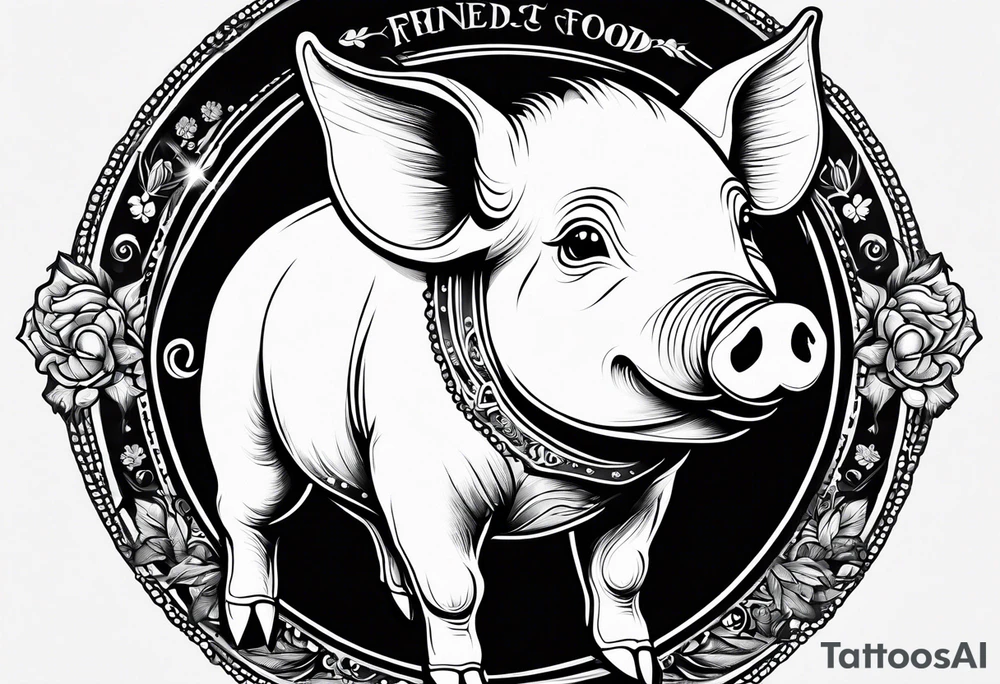 cute pig or piglet.
with text: "friends not food"
only very thin lines. no shading. black and white only tattoo idea
