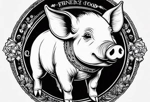 cute pig or piglet.
with text: "friends not food" 

only very thin lines. no shading. black and white only tattoo idea