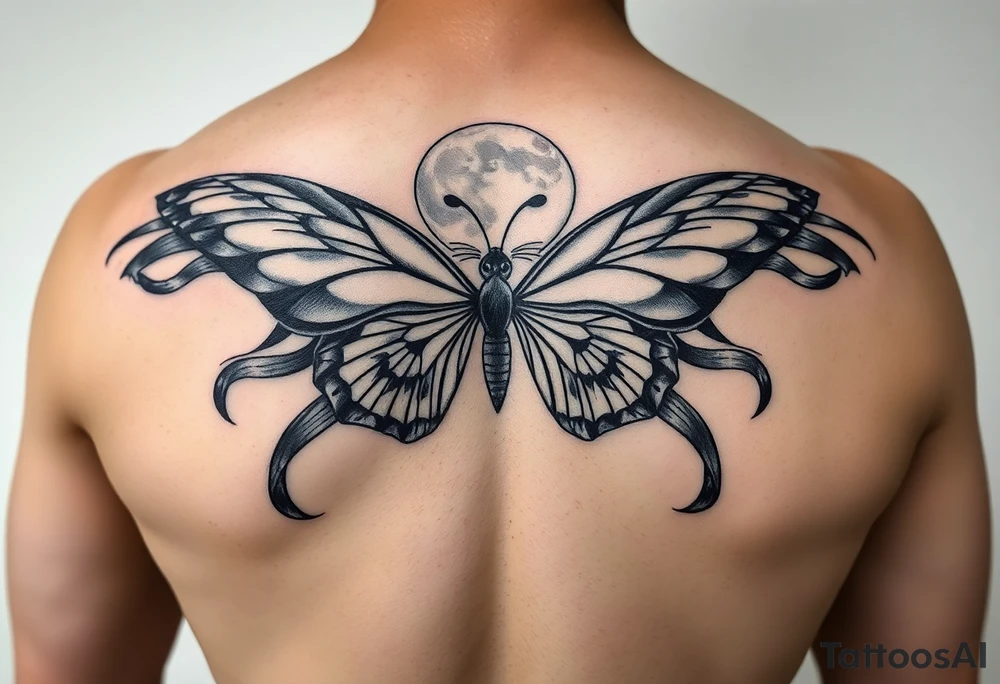 ethereal butterfly with flowing silk ribbons in moonlight with panther tattoo idea