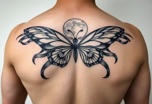 ethereal butterfly with flowing silk ribbons in moonlight with panther tattoo idea