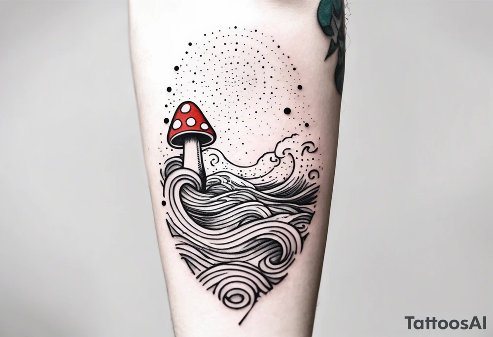 a simple line down the back of the arm. each icon is under one inch and separated by small dots: a music note on a staff at the top, a wave of water beneath it, a pocket below that, followed by the mushroom from mario cart. the entire tatto is four inches down the arm and each icon is separated by two small dots. tattoo idea