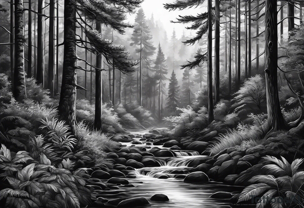 realistic black and gray dark
forest tattoo idea