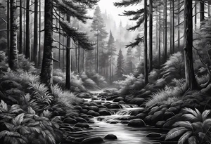 realistic black and gray  dark 
forest tattoo idea