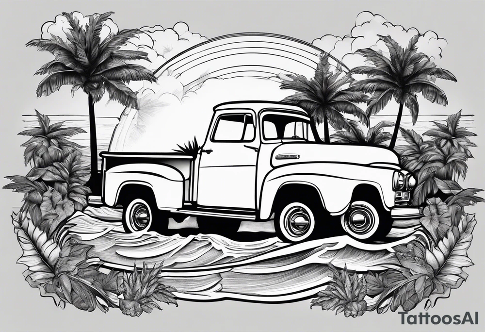 Beach theme, palm trees,waves, sunset, classic truck, marijuana leaf tattoo idea