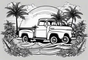 Beach theme, palm trees,waves, sunset, classic truck, marijuana leaf tattoo idea