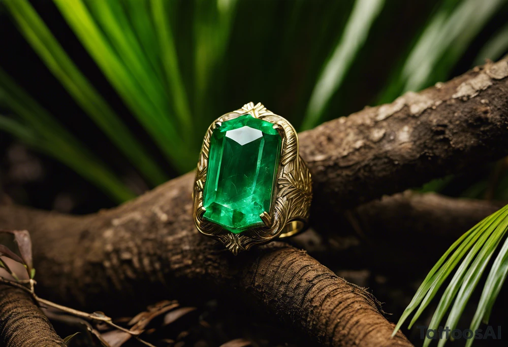 Tattoo: A striking Gachala emerald sits at the base of a tall quindio wax palm, which grows resiliently from cracks in rugged, rocky soil. The emerald is the main focal point, symbolizing strength and endurance, while the wax palm, rooted in the soil’s crevices, represents growth and resilience. A small water stream flows gently from the rocks, adding an element of life and nourishment tattoo idea