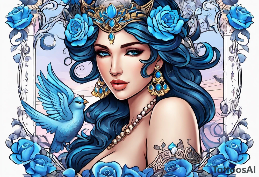 Aphrodite is the goddess of love, with a seaside background, surrounded by birds.. blue roses frames, background blue,present it in a, black hair, love motives, herat tattoo idea