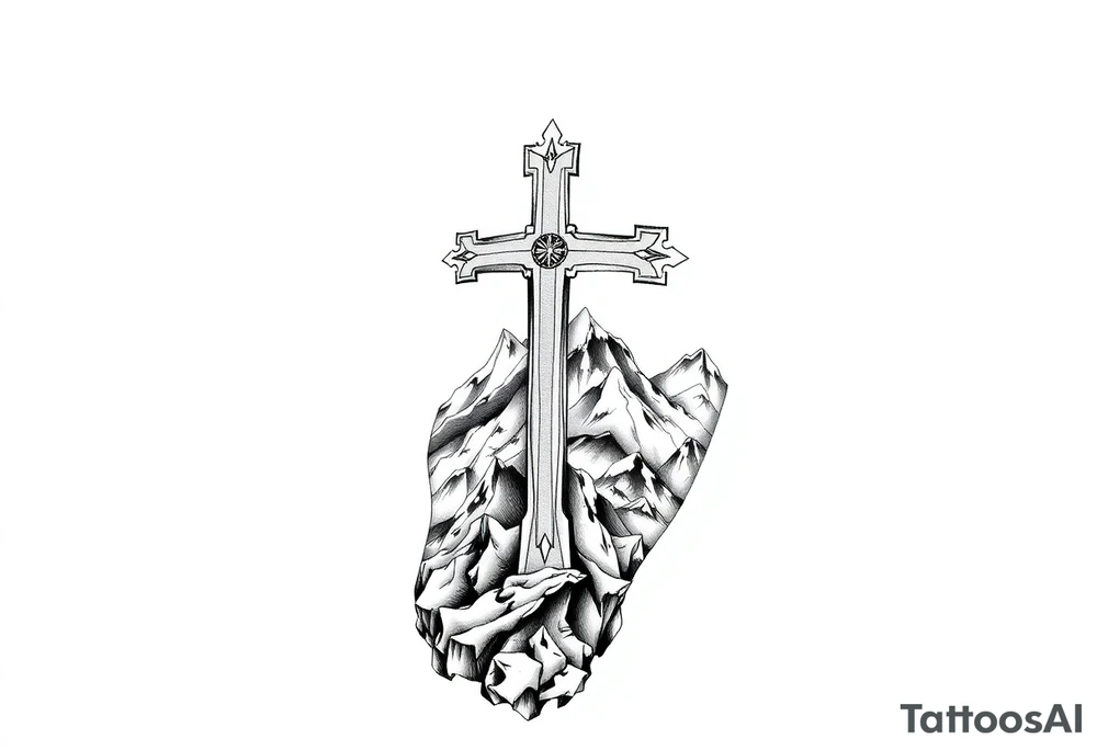 russian orthodox cross in a mountainous setting tattoo idea