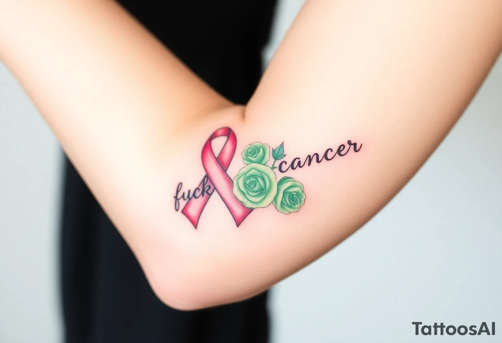 Pretty pink Cancer ribbon that says "fuck cancer"with 3 light green 
roses tattoo idea